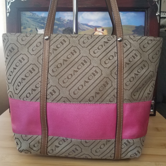 Coach Lozenge Brown Canvas Leather Trim Pink Stripe Zipper Closure Tote Bag - Picture 4 of 13